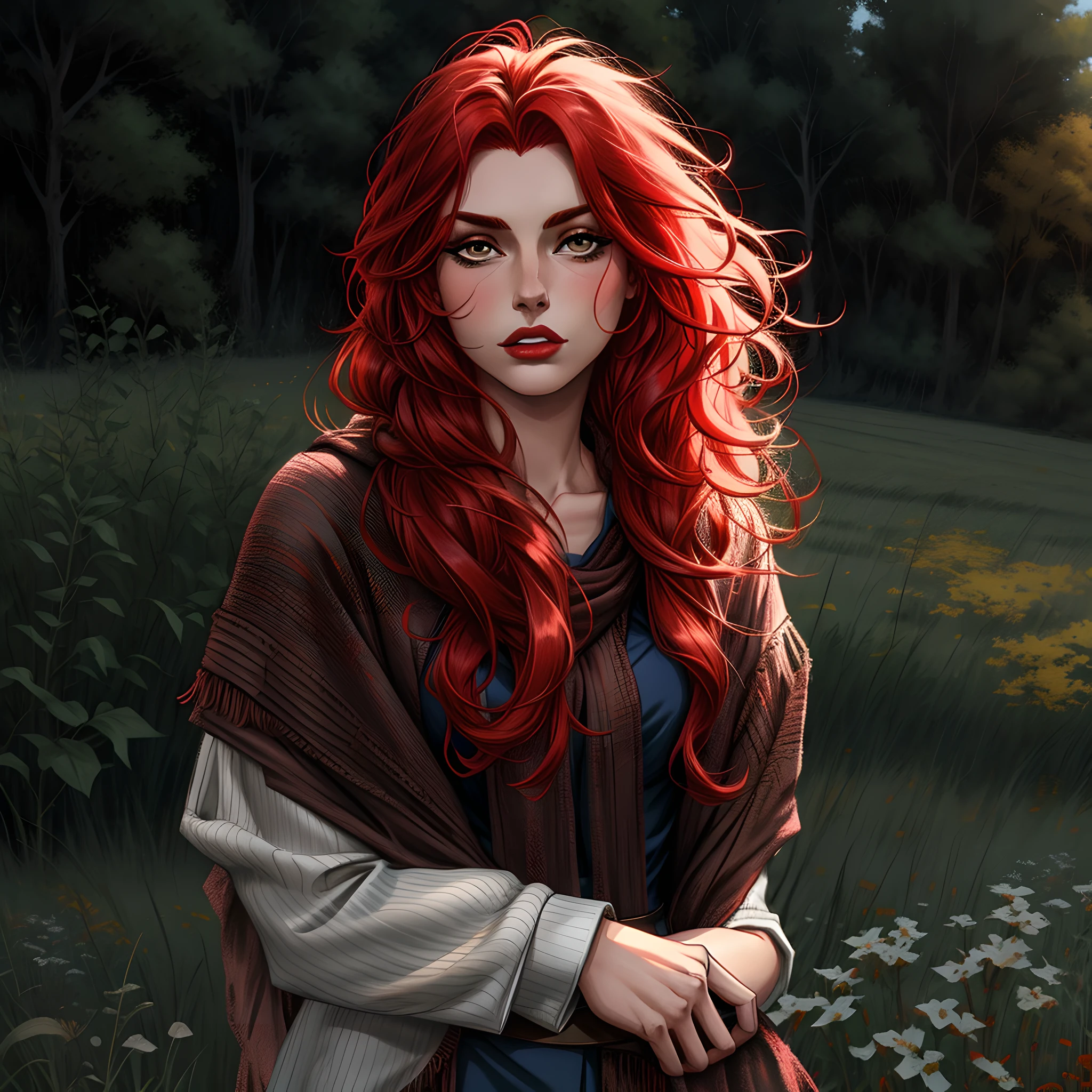امرأة عرفية ذات شعر أحمر وشال واقفة في الحقل