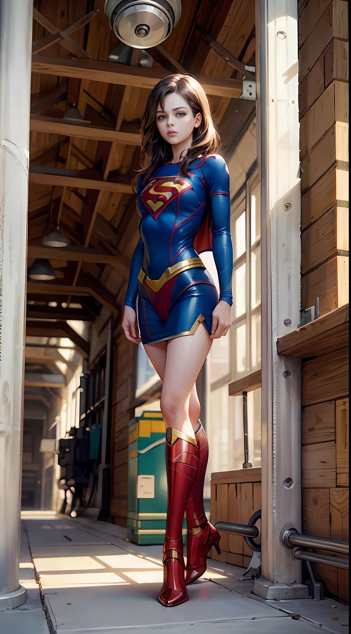 8K HD, melhor qualidade de imagem da Supergirl, imagem clara, detalhes surpreendentes, menina bonita loira de olhos azuis, body of robot, full body robot, Menina Foco, rosto feminino detalhado, girly details amazing, foto da parte superior do corpo, robot factory background, profundidade de campo otimizada para tornar a imagem mais realista, wearing superman's S symbol on his chest.