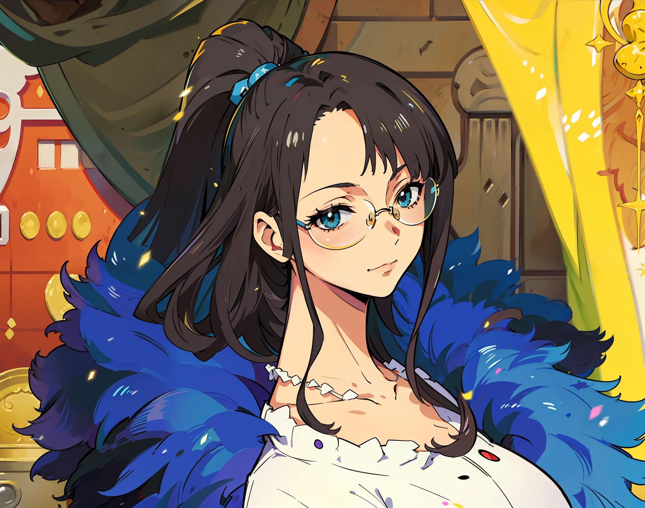 anime image of a woman with glasses and a blue dress, nico robin, from one piece, anime visual of a young woman, Maya Fey, da Ace Attorney, as an anime character, maya takamura, busty black women - hairy wizard, Sui Ishida com cabelo preto, Female anime character, marin kitagawa fanart, omina tachibana, listen don&#39;t, offcial art