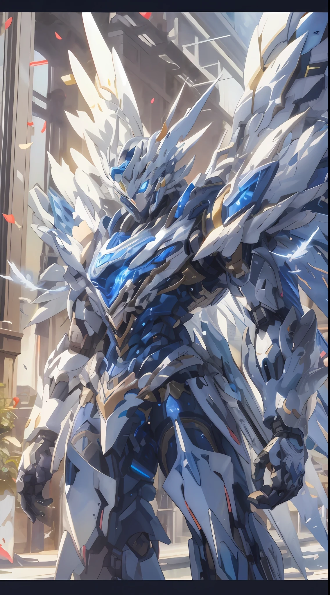 araffe robot with a blue and white body and wings, detailed anime artwork, detailed anime art, detailed digital anime art, sliver ice color reflected armor, detailed key anime art, advanced digital anime art, highly detailed anime, blue and ice silver color armor, intricate ornate anime cgi style, high detailed official artwork, 4k highly detailed digital art