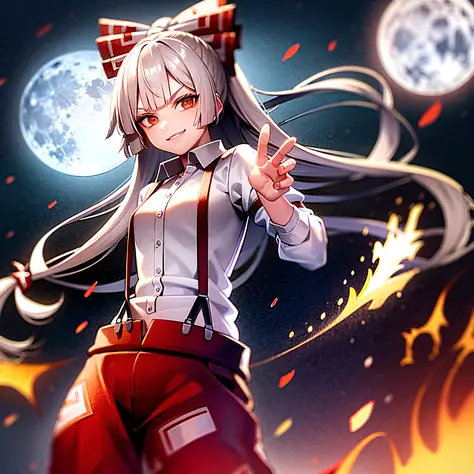 master masterpiece！best quarity！1girl，cute bow，stylish shirt and suspenders，handsome girl's unique sinister smile，flames and the...