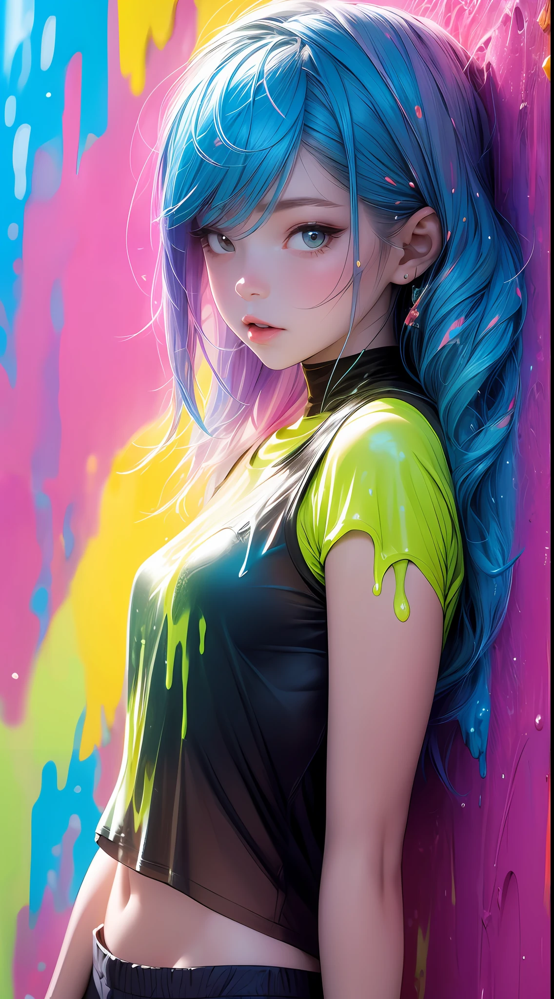 (Paint splashes)，colorful color of the glow，lamplight，rainbow，cyber punk，the girl，Look at the camera，Slime Girl，Flowing tank top shorts，Against the wall，big round eyes，Cutes，