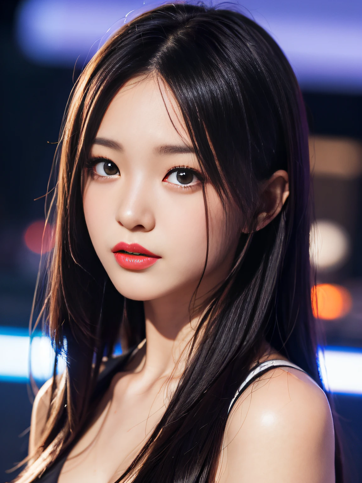 A girl, long hair, half picture, city, future, science fiction, black silk, shorts, night scene, midnight, blue light, neon, night, face close-up, delicate features, beautiful girl, beauty, charming,fashi-girl,red lips,realistic,makeup,