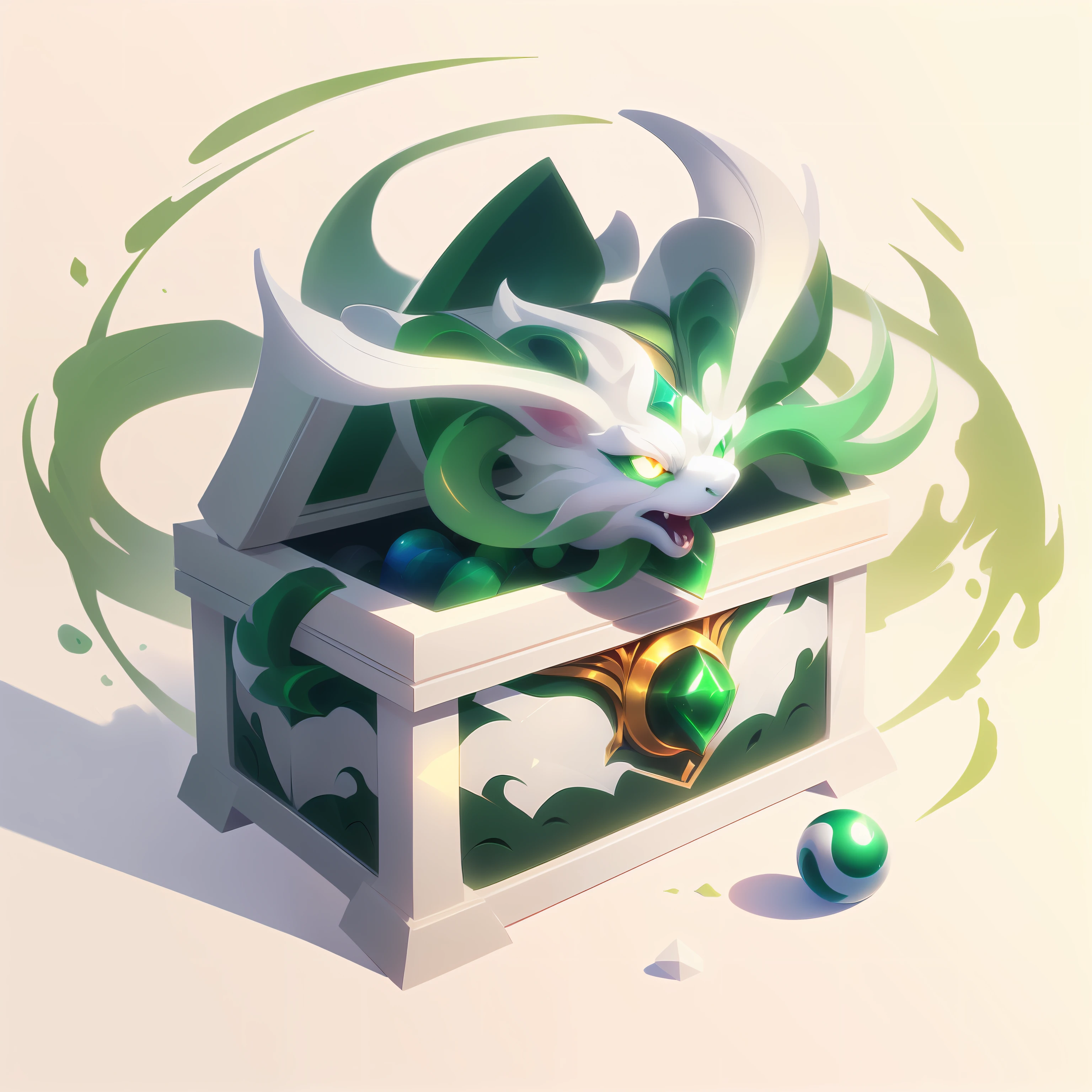 (Masterpiece, Top Quality, Best Quality, Official Art, Beauty of Beauty :1.2), (8k, Best Quality, Masterpiece :1.2), (((white background,)))
(item/baoxiang), Fantasy, there is a treasure chest in the shape of a green ball, (tail),