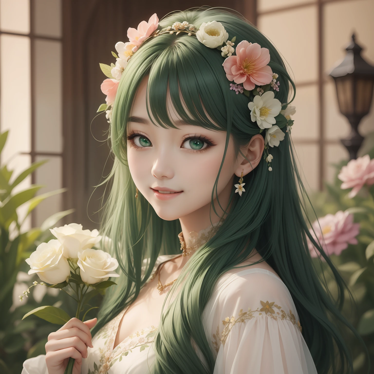 （MASTERPIECE）8K resolution、Beautiful woman loving flowers、brond、Long、Floral hair ornament on the head、Green eyes、adorable face、Sorrisoodel style、Fantasy style、