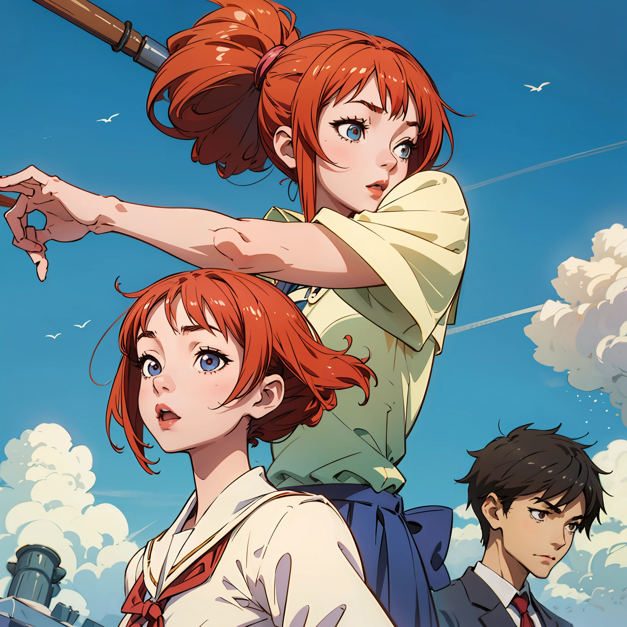 Anime characters in uniform standing in front of a blue sky - SeaArt AI