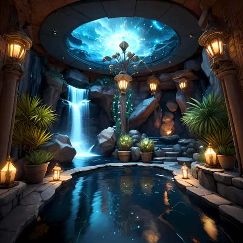 incredible Na'vi-inspired luxurious futuristic store interior in Ancient Egyptian style with many ((lush plants)) (lotus flowers...