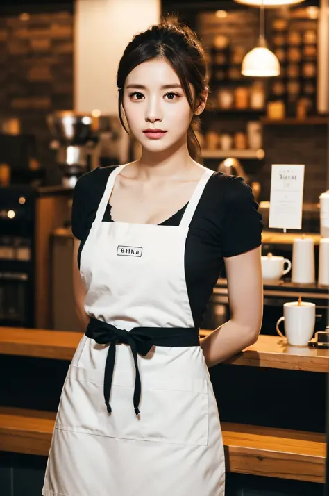 1girl、超美人な20代の日本人女性、Fashion model、big Chest、perfect style、skinny waist、Focus on the eyes、time job at a coffee shop、apron,