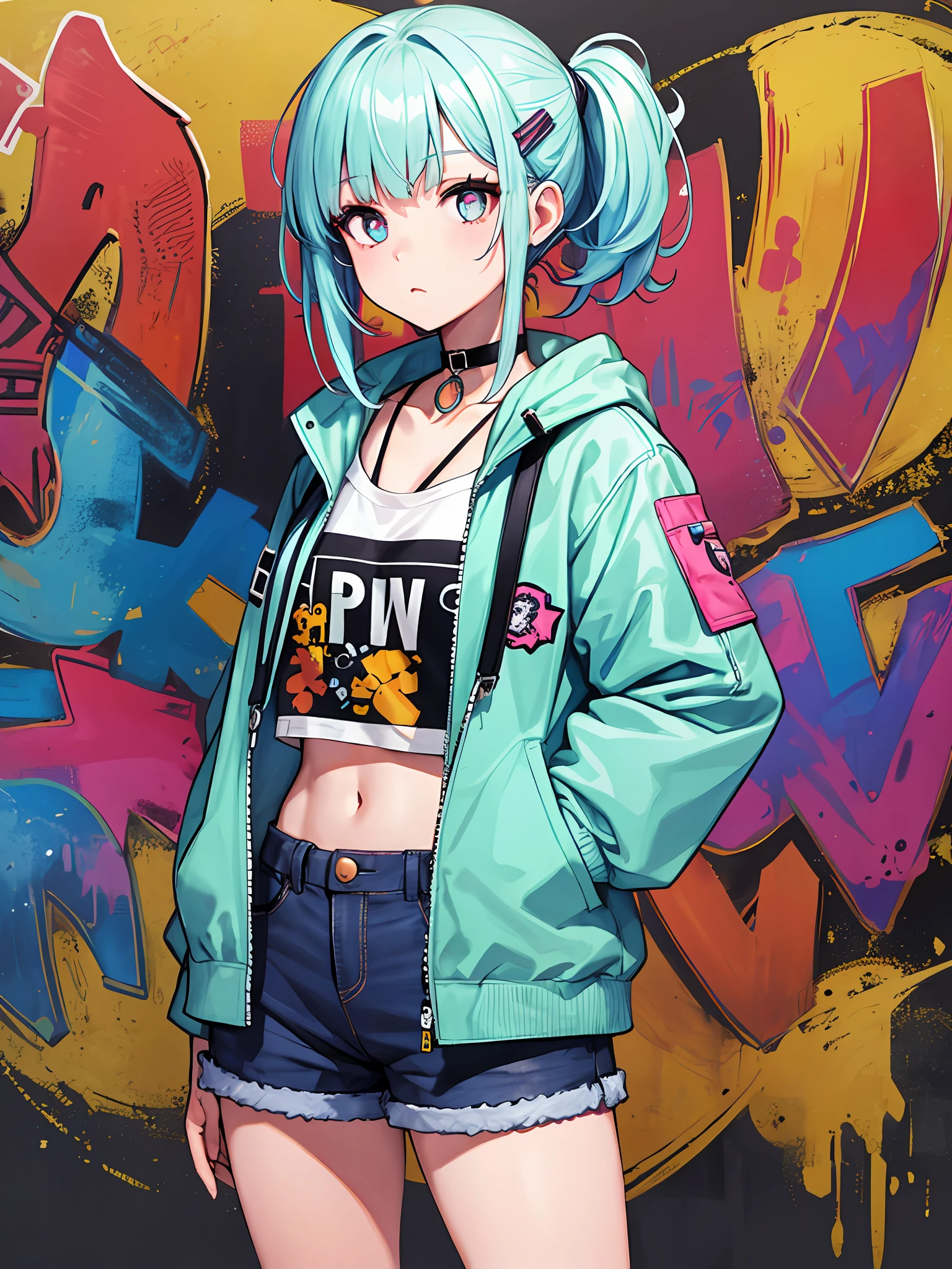 Girl, asymmetrical hair, asymmetrical bangs, colored inner hair, hair pin, beautiful, glowing and shinn eyes, choker, oversized jacket, shorts jean, skinny hair, bubble gum, dynamic pose, BREAK, flat colorful background, graffiti background