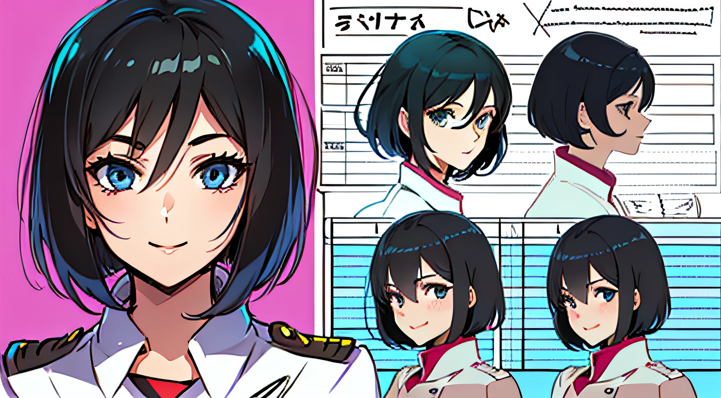 (masterpiece), ultra detailed, 8k, ((A character sheet:1.4)) or reference sketch of a a beauty gal girl who looks like Pokemon's Mai, with an uniform, she has short hair, and she smiling, with black hair, ultra realistic and sharp detail and intricate, intricate details, and style, simple background illustration, Mikasa Ackerman