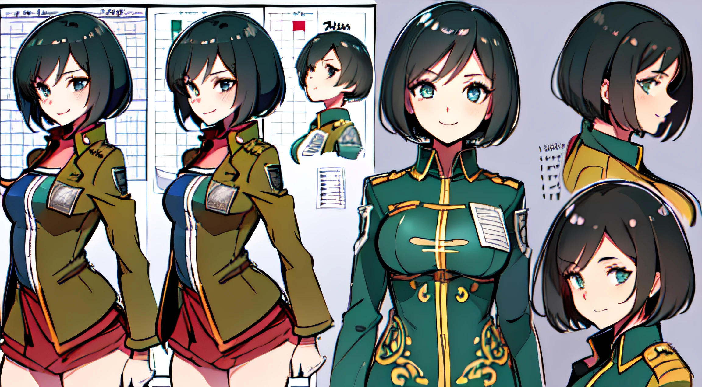 (masterpiece), ultra detailed, 8k, ((A character sheet:1.4)) or reference sketch of a a beauty gal girl who looks like Pokemon's Mai, with an uniform, she has short hair, and she smiling, with black hair, ultra realistic and sharp detail and intricate, intricate details, and style, simple background illustration, Mikasa Ackerman