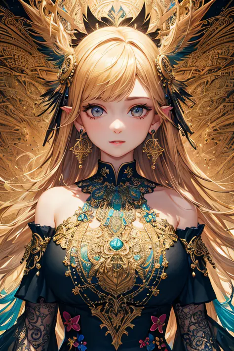 A Girl，huge breasts，Off Shoulder，golden hair，Colored Feathers，Metal Ornaments，colored flowers，Particles，rays of light，(MASTERPIECE，, topquality, best quarity, official arts, beautiful and aesthetic:1.2), (1girl:1.3), extremely detailed,(s fractal art:1.1),...