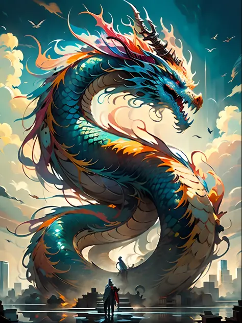 The best quality, masterpiece, super high resolution, no humans, (Length: 1.2), (Fine: 1.2), Serpentine Body, Rational Body Structure Logic, Long Hair, Sharp Teeth, Red Eyes, Teeth, Giant, 1 Girl, Bird, Outdoor, Standing, Scales, Clouds, Horns, From Behind...