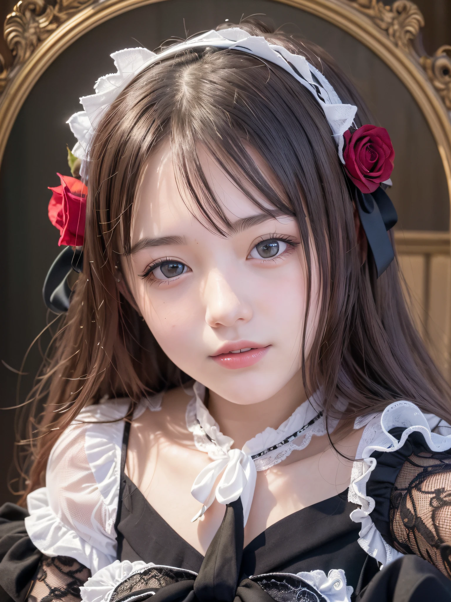 1 nogizaka girl, utterly cute, bishojo, 15yo, (gothic lolita fashion), an exquisitely detailed and beautiful face and eyes and skin, detailed black shine hair, elegant frills, frilled tie, ribbon tie, rose hair accessory, (smile at the camera), (cowboy shot), (castle in europe), professional lighting, BREAK, (realistic, photo-realistic:1.37), 8k, (masterpiece), (best quality:1.4), (ultra high res:1.2), (RAW photo:1.2), (a dress with delicate lace, soft fabric, and a beautiful rose pattern), perfect anatomy, 4fingers and 1thumbs, ultra detailed background, (unity 8k wallpaper)