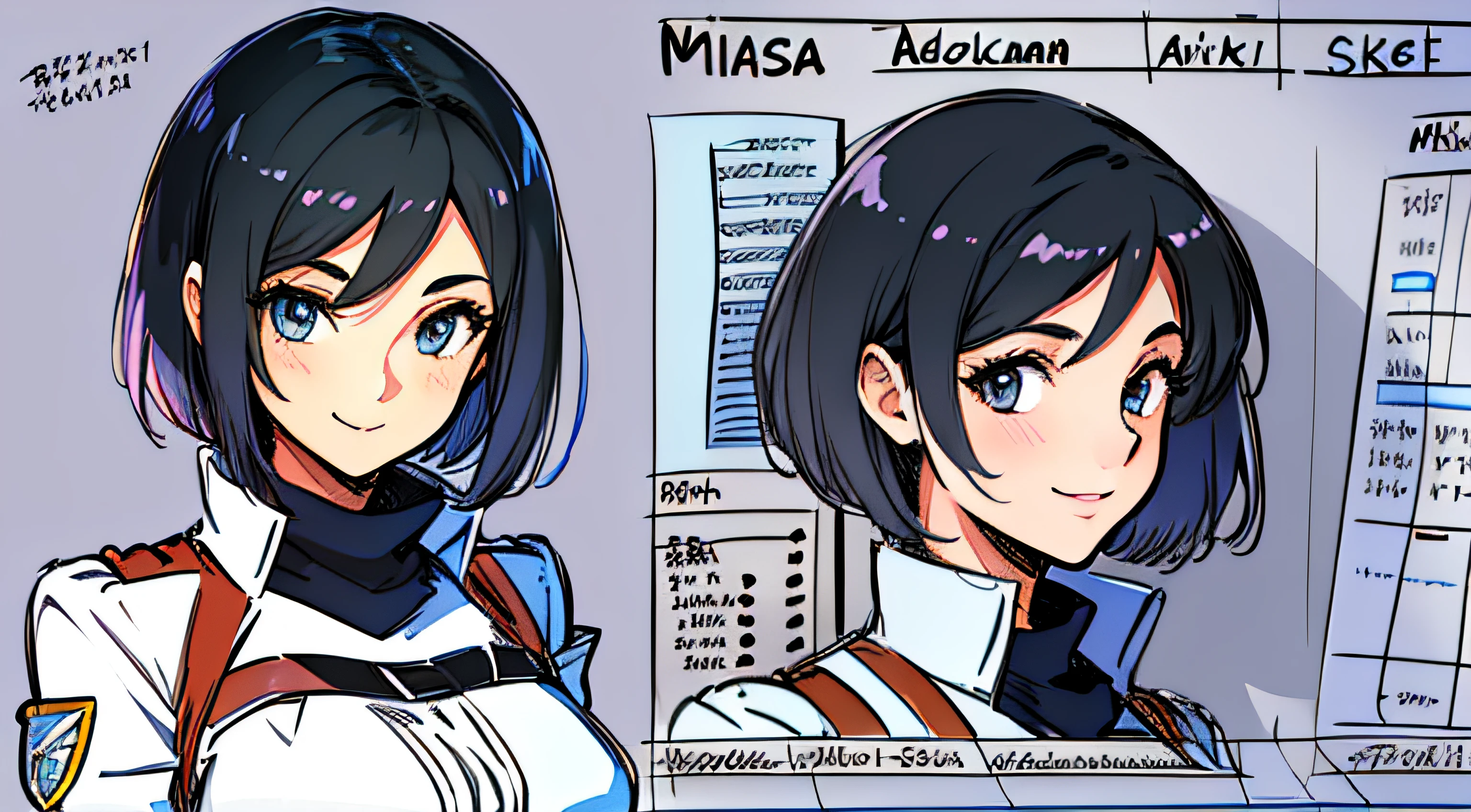 (masterpiece), ultra detailed, 8k, ((A character sheet:1.4)) or reference sketch of a a beauty gal girl who looks like Pokemon's Mai, with an uniform, she has short hair, and she smiling, with black hair, ultra realistic and sharp detail and intricate, intricate details, and style, simple background illustration, Mikasa Ackerman