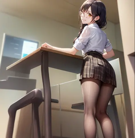 solo、One Person、glasses、braid hair、detailled eyes、Black eyes、Showing your back、standing a、A evil smile、Evil smile、slong hair、Plaid pleated skirt、Yellow miniskirt、Black hair、Camisa blanca、white Y-shirt、、short sleeve shirt、thin thighs、Black Pantyhose、black s...
