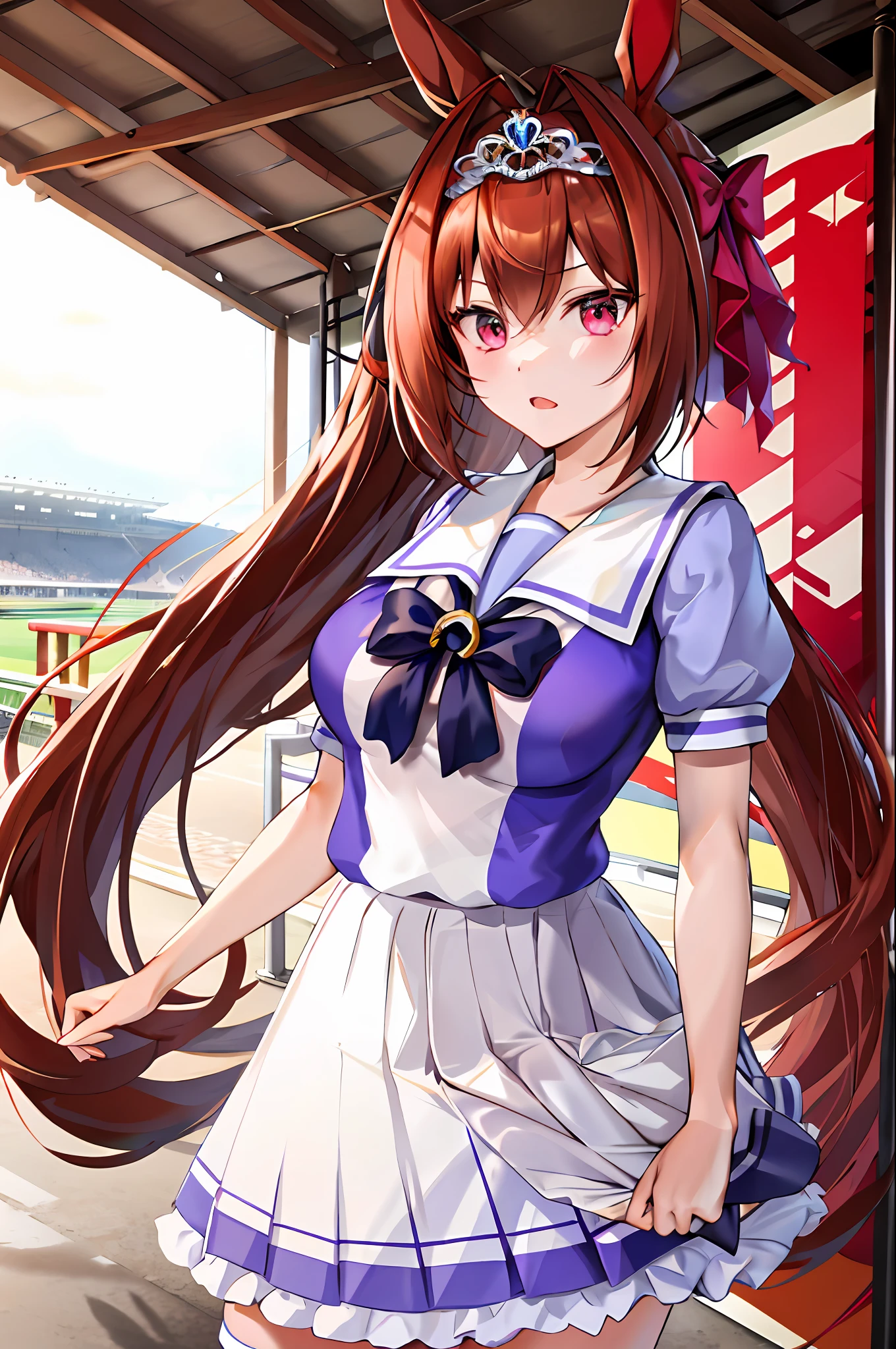 MASTERPIECE, beste Quality, Hi-Res, 1girl, Marl, solo, Large and crimson, Trasen School Uniform, white thighshigh, white skirt, Twin tail, sailor shirt, puffy short sleeves, horse tail, Very Long Hair, brownd hair, bows, sailor color, bow Tie, Purple shirt, hair intakes, tiaras, tusk, Red Eyes, big Chest, bangs, racecourse, standing a,