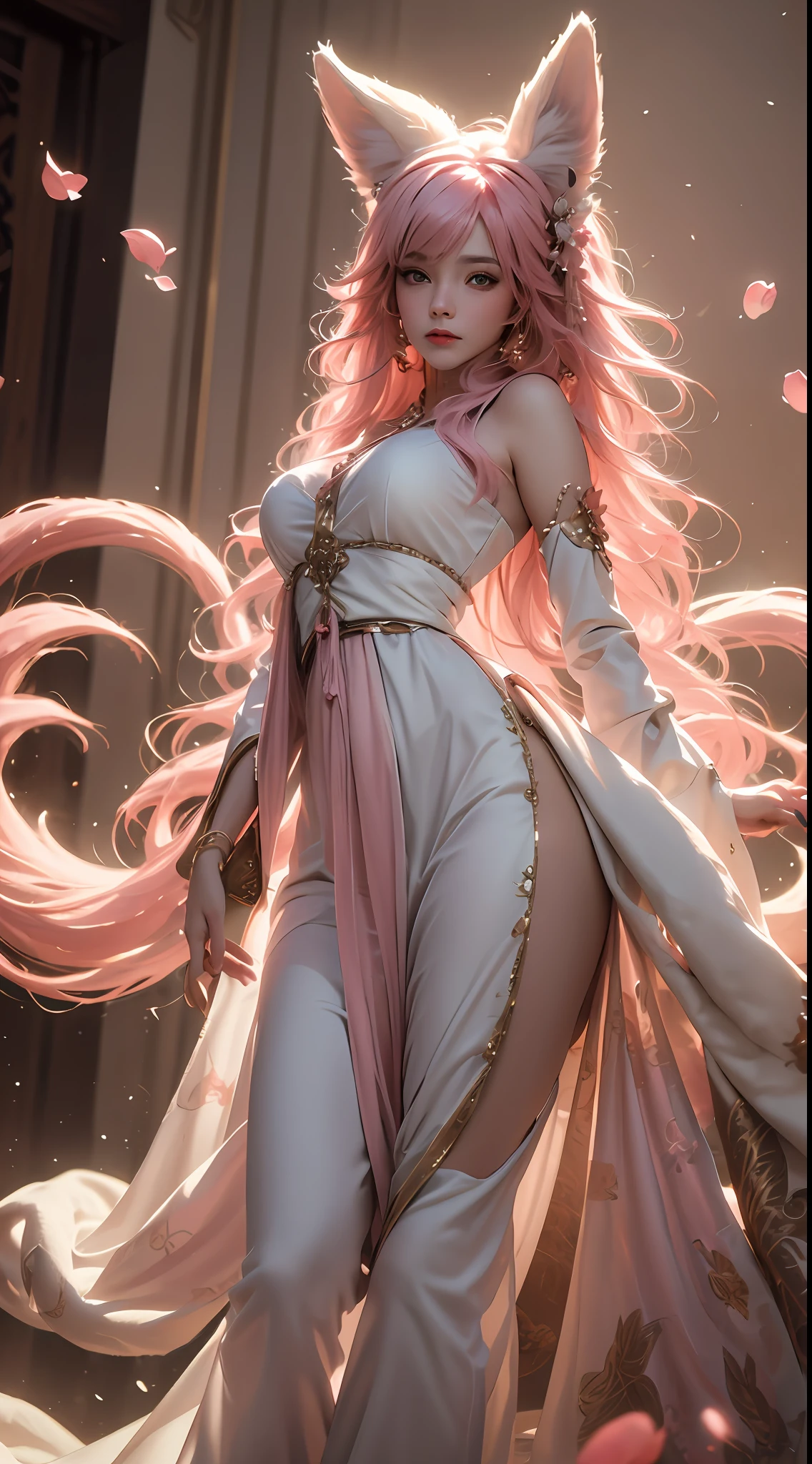 Master masterpiece, the best picture quality, realistic to stunning (realism 1.4), (((a breathtakingly beautiful girl))), superb figure, slightly fat, with pink hair, delicate facial features, charming shoulders, long skirt in ancient costume, vivid drawing angle, flowers, petals, furry nine-tailed fox, extremely detailed details, immersion in it.