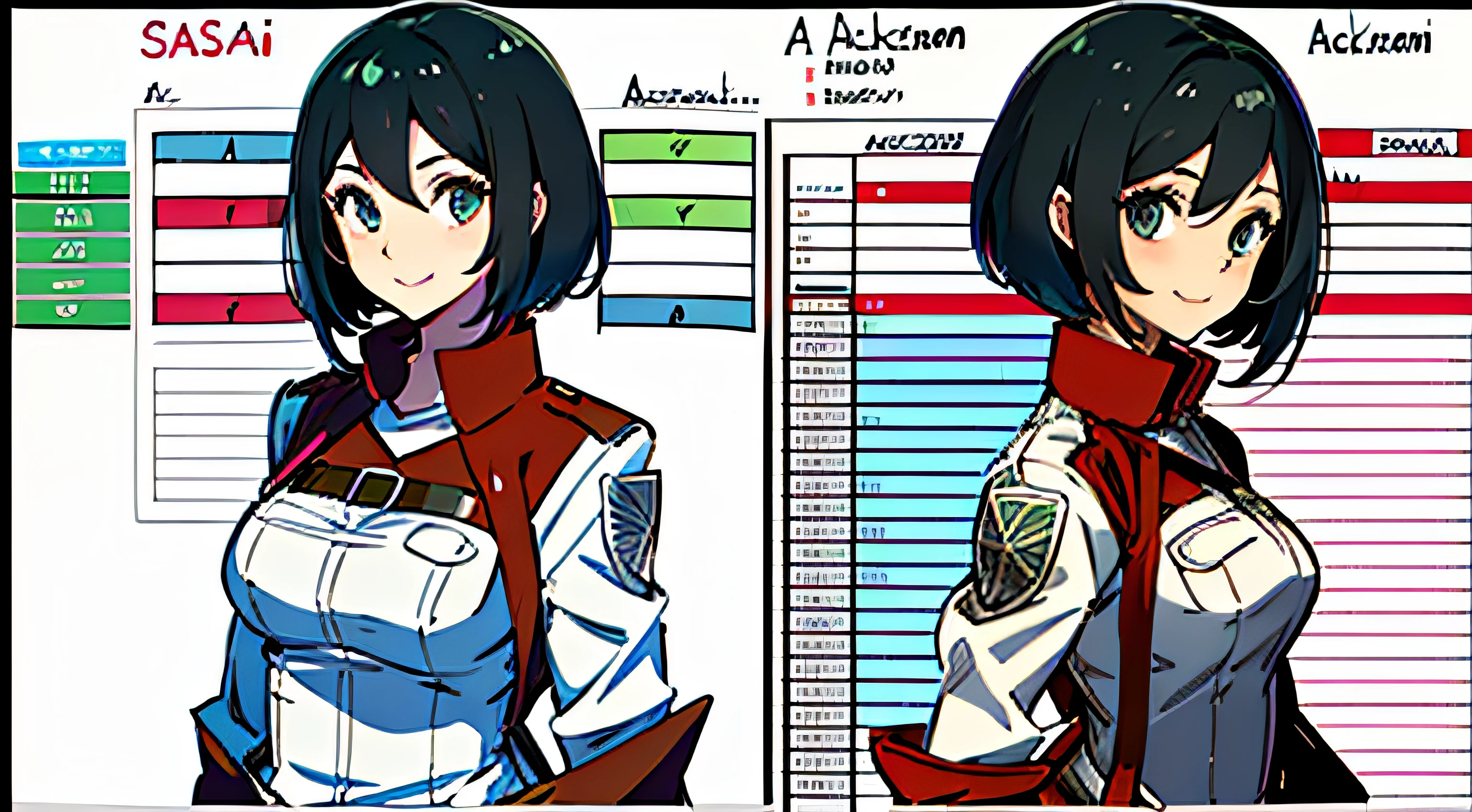 (masterpiece), ultra detailed, 8k, ((A character sheet:1.4)) or reference sketch of a a beauty gal girl who looks like Pokemon's Mai, with an uniform, she has short hair, and she smiling, with black hair, ultra realistic and sharp detail and intricate, intricate details, and style, simple background illustration, Mikasa Ackerman