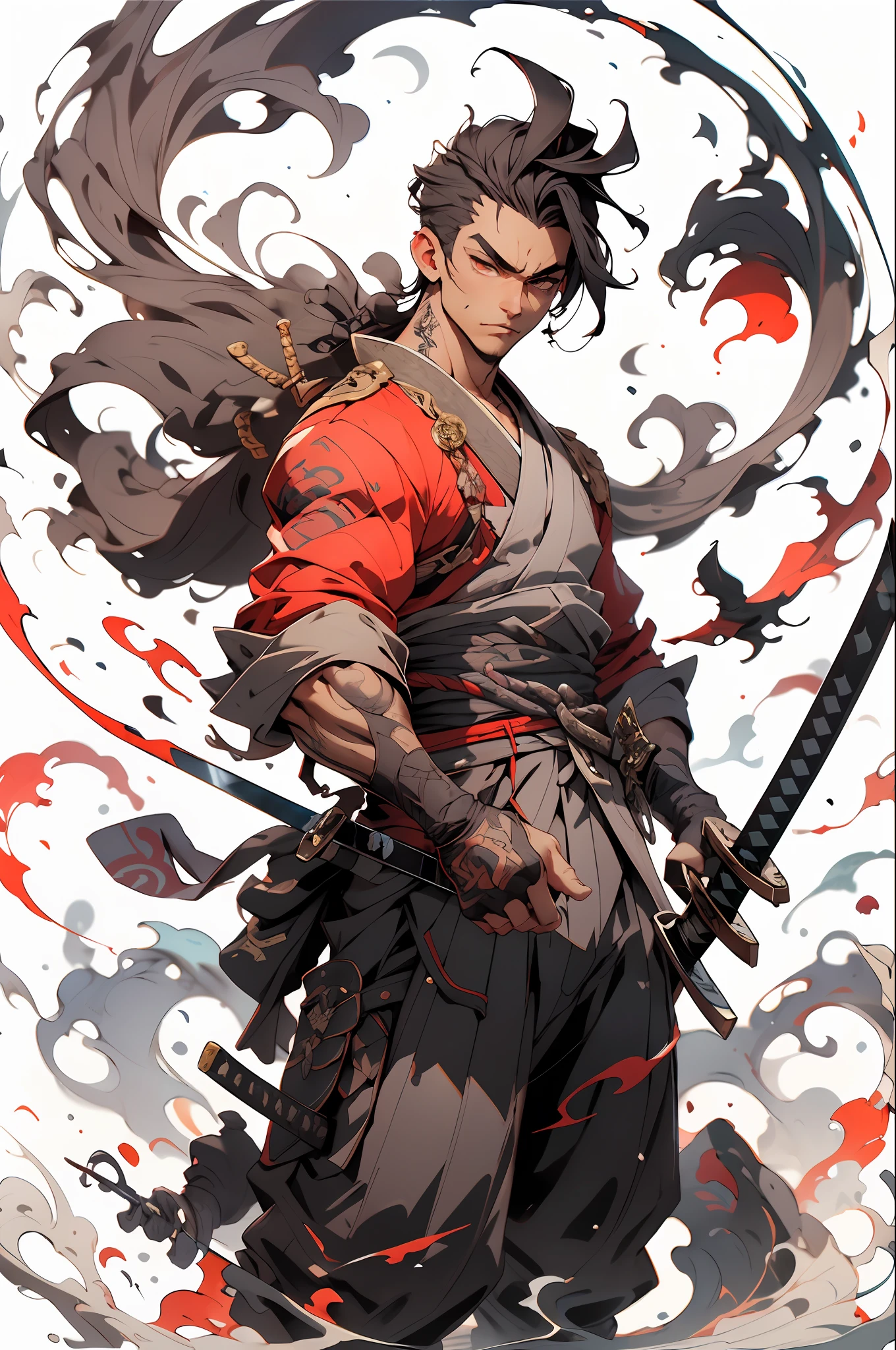 , arma, 1boy, black man, cabelo curto, foco masculino, espada, solo, roupa vermelha, roupas japonesas, segurando, segurando a arma, katana, segurando espada, bainha, , , mangas longas, , haori, , hakama, quimono, sheathed, corpo inteiro, fogo, em chamas em volta
,,