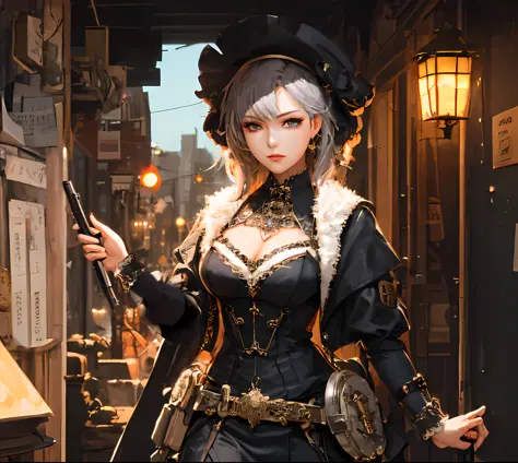 there is a woman in a steam punk outfit holding a gun, steampunk beautiful anime woman, artwork in the style of guweiz, guweiz o...