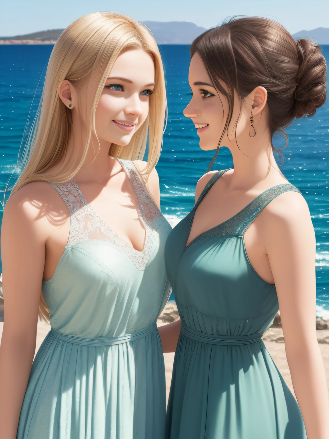 atural light, top quality, masterpiece, illustration, very delicate and beautiful, highly detailed, CG, unity, 8k wallpaper, amazing, detailed, masterpiece, top quality, official art, highly detailed CG Unite 8k wallpaper, silly, incredibly silly, huge file size, super detailed, high resolution, highly detailed, beautiful detailed girls, highly detailed eyes and faces, beautiful detailed eyes, (RAW photos , best quality), (realistic, photorealistic: 1.3), light on face, masterpiece, best quality, full body,m(full body shot:1.3), portrait of 2 girls, russan and Greek, 16 and 24 years old, (detail face and eyes), (smile:1.2), blonde heir, (see-through summer dress with leace trimmed), (one dress is emeald green, another dress is white), (off-sholder), (they play sexual hanky-lanky:1.5), (looking face each other:1.2),(backgraund Aegean Sea side:1.5 )