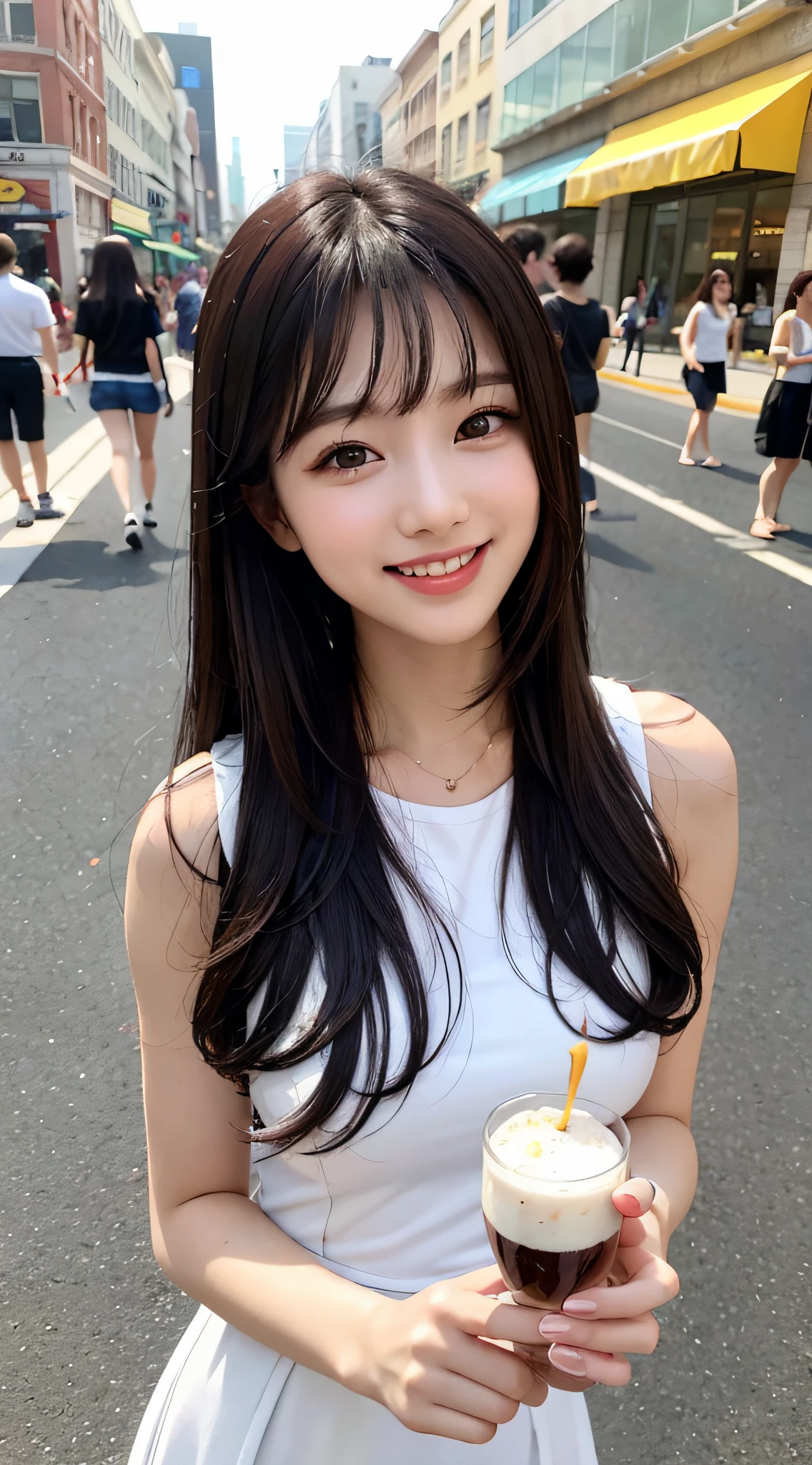 Top level CG,1girl, black long hair, flowing long hair, beautiful, On the street,day,With bangs,Summer Style,Dessert,Dessert in hand,Smiling sweetly,Dessert,Summer outfits