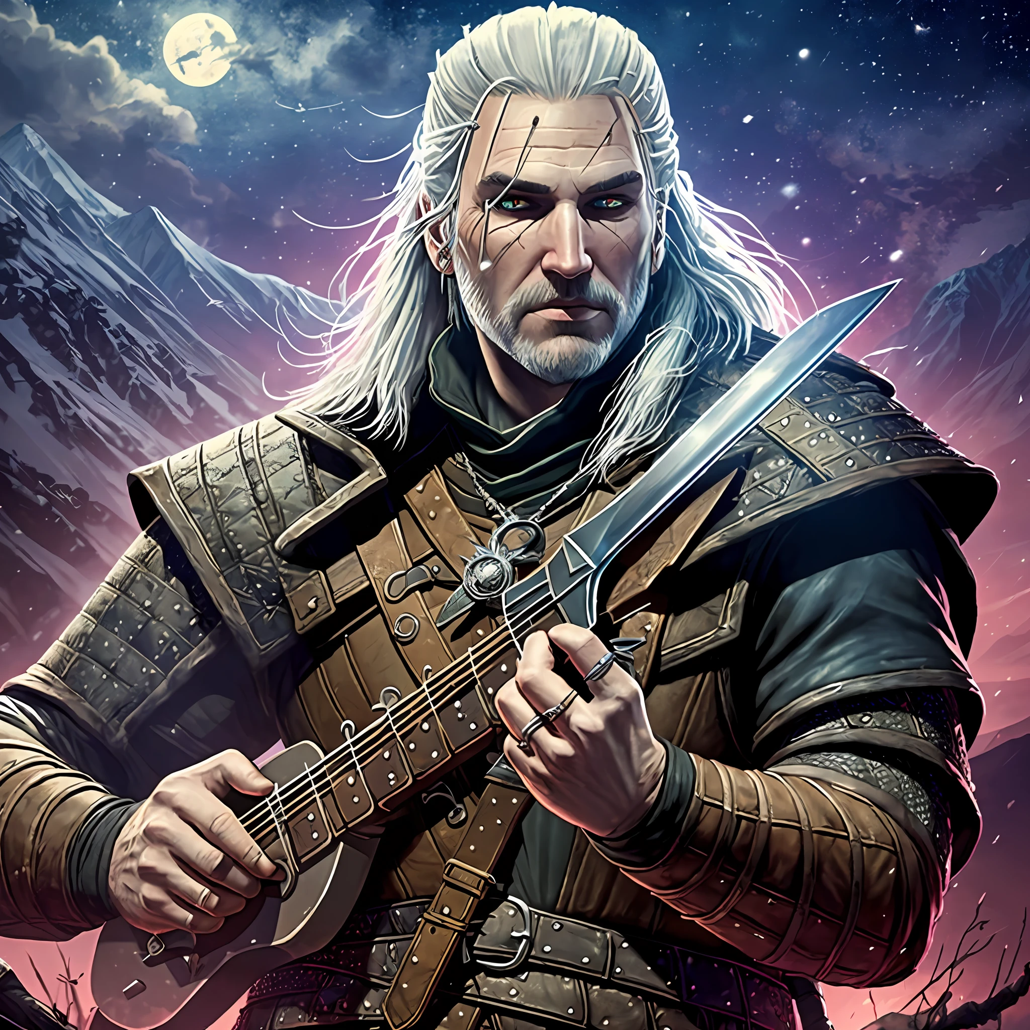 Photorealistic: 1.4), (Masterpiece, Masterpiece*Portrait, Geralt The Witcher playing the guitar on a mountain at night. --auto --s2