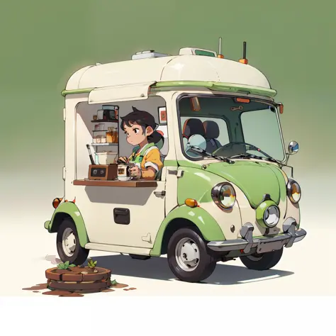 A lovely coffee cart，Inspired by:【Wuling Hongguang minicar】and a【Mini Beetle】，Equipped with a professional large coffee machine，Fancy green high detail，32k超高清，industrial design，product design，WHITE BACKGROUND，White environment，studiolight，ultra Realistic，h...