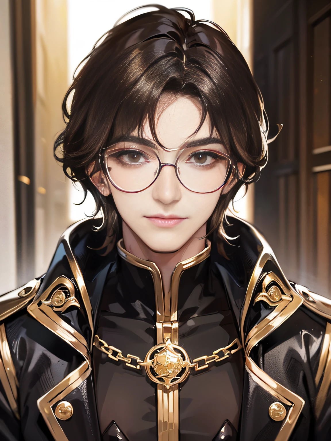 (Highest Resolution,different nipples_Image of a，)，brown pupils，BROWN EYES，Wearing glasses，Focused eyes，deep feeling，best picture quality，A masterpiece of male gods，high detailed details，，Short black hair，BLACK HAIR，hair bangs，18岁，Mature，Head down and smile，Younger,，Urban elite，tall，trench coat，solidbackground，Tall，Handsome，authoritative，powerful，with exquisite facial features，with exquisite facial features，Wholebody