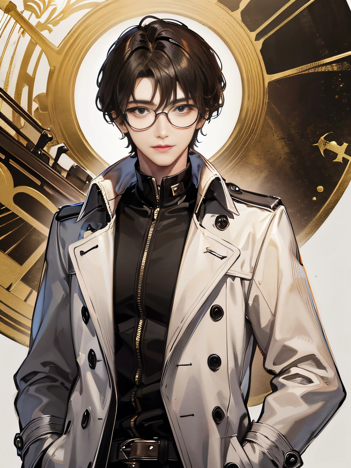 (Highest Resolution,different nipples_Image of a，)，brown pupils，BROWN EYES，Wearing glasses，Focused eyes，deep feeling，best picture quality，A masterpiece of male gods，high detailed details，，Short black hair，BLACK HAIR，hair bangs，18岁，Mature，Head down and smile，Younger,，Urban elite，tall，trench coat，solidbackground，Tall，Handsome，authoritative，powerful，with exquisite facial features，with exquisite facial features，Wholebody