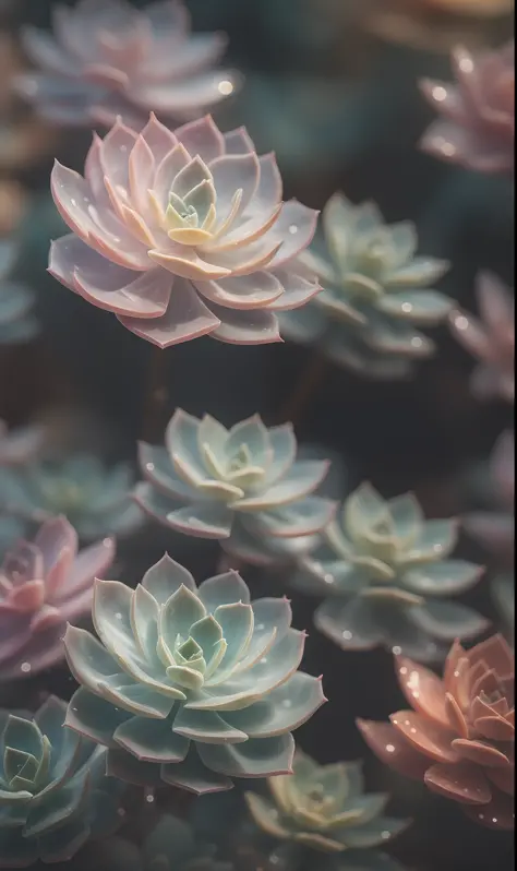 Crystal fantasy, Succulents,toe-up, countless crystal feathers flutter in the air,
fantasy, galaxy, transparent, shallow depth of field, jade bokeh, sparkling, sparkling, stunning, colourful,
Magical Photography, Dramatic Lighting, photo realism, Ultra Det...
