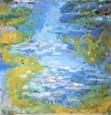Draw a river，Water lilies and trees in the background, water lilies, claude monet, Author：claude monet, waterlily pond, alpine pond with water lilies, claude monet), monet painting, Author：Blanche Hoscheid Monet, impressionist art, charles monet, monet sty...
