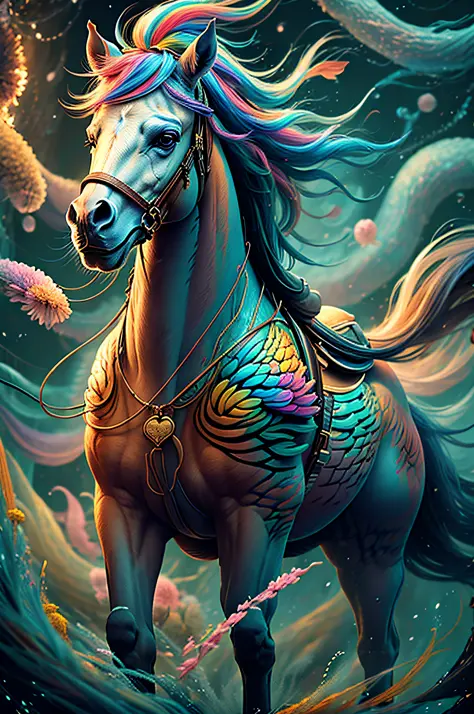 a painting of a colorful horse on a black background, breathtaking render, within a radiant connection, inspired by Kinuko Y. Cr...