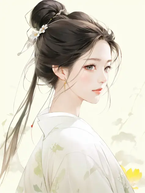There is a hair with flowers in it，Woman in white shirt, palace ， girl in Hanfu, beautiful character painting, 中 元 节, Beautiful Artwork Illustration, artwork in the style of guweiz, by Yang J, Guwiz, inspired by Ma Yuanyu, a beautiful anime portrait, Autho...