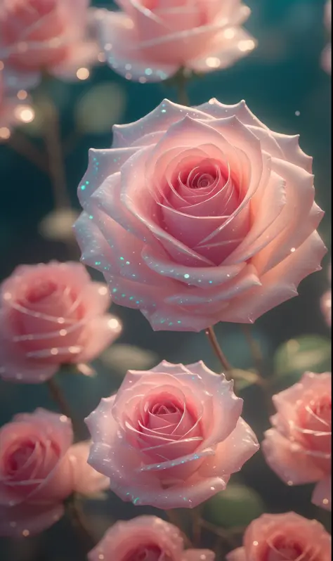 Crystal fantasy, Roses, Full-color,  toe-up, neon, countless crystal feathers flutter in the air,
fantasy, galaxy, transparent, shallow depth of field, jade bokeh, sparkling, sparkling, stunning, colourful,
Magical Photography, Dramatic Lighting, photo rea...