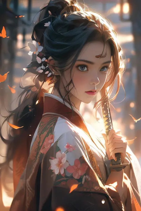 (bestbestquality），（fidelity：1），realistic skin textures，highly detaild，8k壁纸，master masterpiece，Hyper detailed，Detailed facial features，volume lighting，Dynamic Lighting，Bust photo，1女子，Peach Blossom Forest，long dark hairs，Ponytail，white Hanfu，red sash，Sword i...