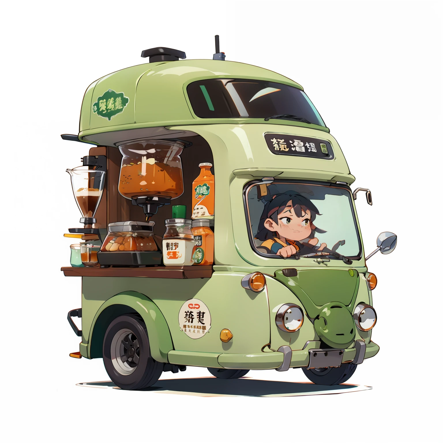 Un joli chariot à café，inspiré par:【Mini-voiture Wuling Hongguang】et un【Mini-coccinelle】，Equipé d&#39;une grande machine à café professionnelle，Vert fantaisie, détails élevés，Ultra haute définition 32k，design industriel,la conception des produits，fond blanc，environnement blanc，lumière de studio，ultra réaliste，détails très détaillés，Face latérale，Vue de côté。