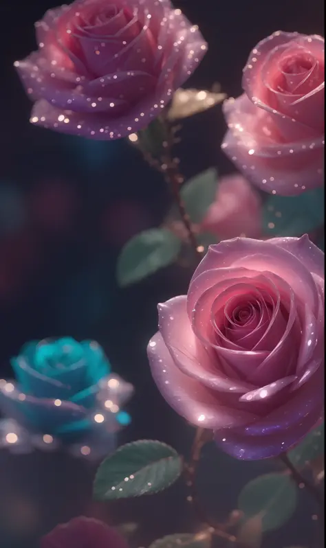 Crystal fantasy, Roses, Full-color,  toe-up, neon, countless crystal feathers flutter in the air,
fantasy, galaxy, transparent, shallow depth of field, jade bokeh, sparkling, sparkling, stunning, colourful,
Magical Photography, Dramatic Lighting, photo rea...
