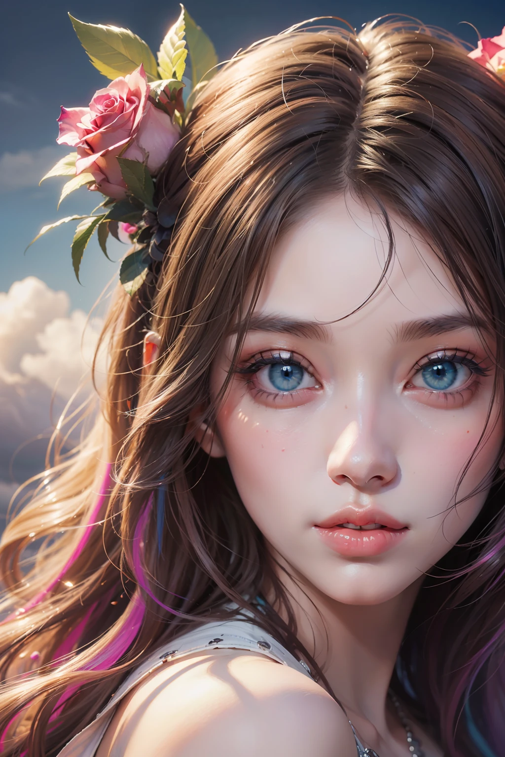 ( Absurd, High quality, ultra-detailed, masterpiece, concept art, smooth, highly detailed artwork, hyper-realistic painting )beautiful eyes(eyes detailed),1 pretty girl, Rose with pink, yellow, and blue color, Rainbow, dreamy, clouds, Vivid, fantasy