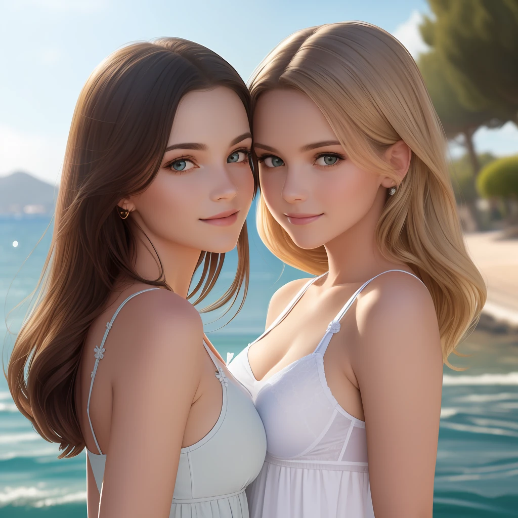 atural light, top quality, masterpiece, illustration, very delicate and beautiful, highly detailed, CG, unity, 8k wallpaper, amazing, detailed, masterpiece, top quality, official art, highly detailed CG Unite 8k wallpaper, silly, incredibly silly, huge file size, super detailed, high resolution, highly detailed, beautiful detailed girls, highly detailed eyes and faces, beautiful detailed eyes, (RAW photos , best quality), (realistic, photorealistic: 1.3), light on face, masterpiece, best quality, full body,m(full body shot:1.3), portrait of 2 girls, (russan girl), (16 years old), (detail face and eyes), (smile:1.2), blonde heir, (see-through summer dress with leace trimmed under bra and pantie), (one dress is emeald green, another dress is white), (off-sholder), (they play sexual hanky-lanky:1.5), (looking face each other:1.2),(backgraund Aegean Sea side:1.5 )