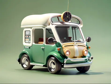 A lovely coffee cart，Inspired by:【Wuling Hongguang minicar】and a【Mini Beetle】，Equipped with a professional large coffee machine，Fancy green high detail，32k超高清，Industrial designProduct design，WHITE BACKGROUND，White environment，studiolight，ultra Realistic，hi...