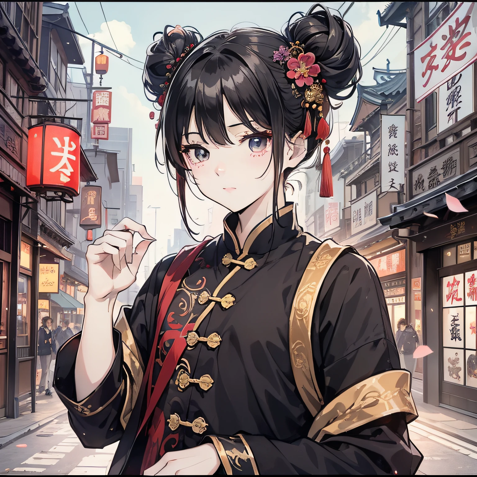 Anime girl in a black and gold outfit holding a red and white sign - SeaArt  AI