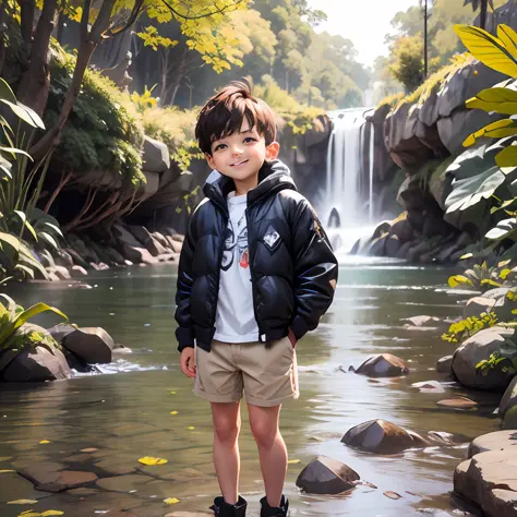 pequeno sorridente menino de cabelos ondulados rebeldes com uma mochila olhando para uma cachoeira bem detalhado --auto