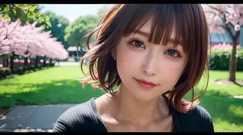 (japanese), (cute), (woman), (adult head), (casual clothes), (good body), (best proportions), sideways glance, (park), (sakura), (spring), tokyo, japan, social media composition, realistic, black hair, parted bangs, smile, blush, wide shot, f/2.8, 35mm, So...
