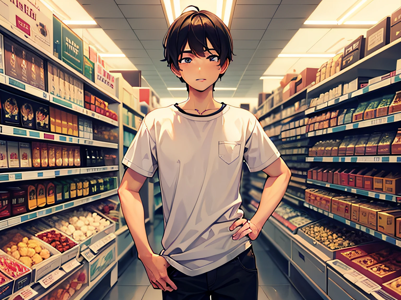 Anime boy in a grocery store with his hands on his hips - SeaArt AI