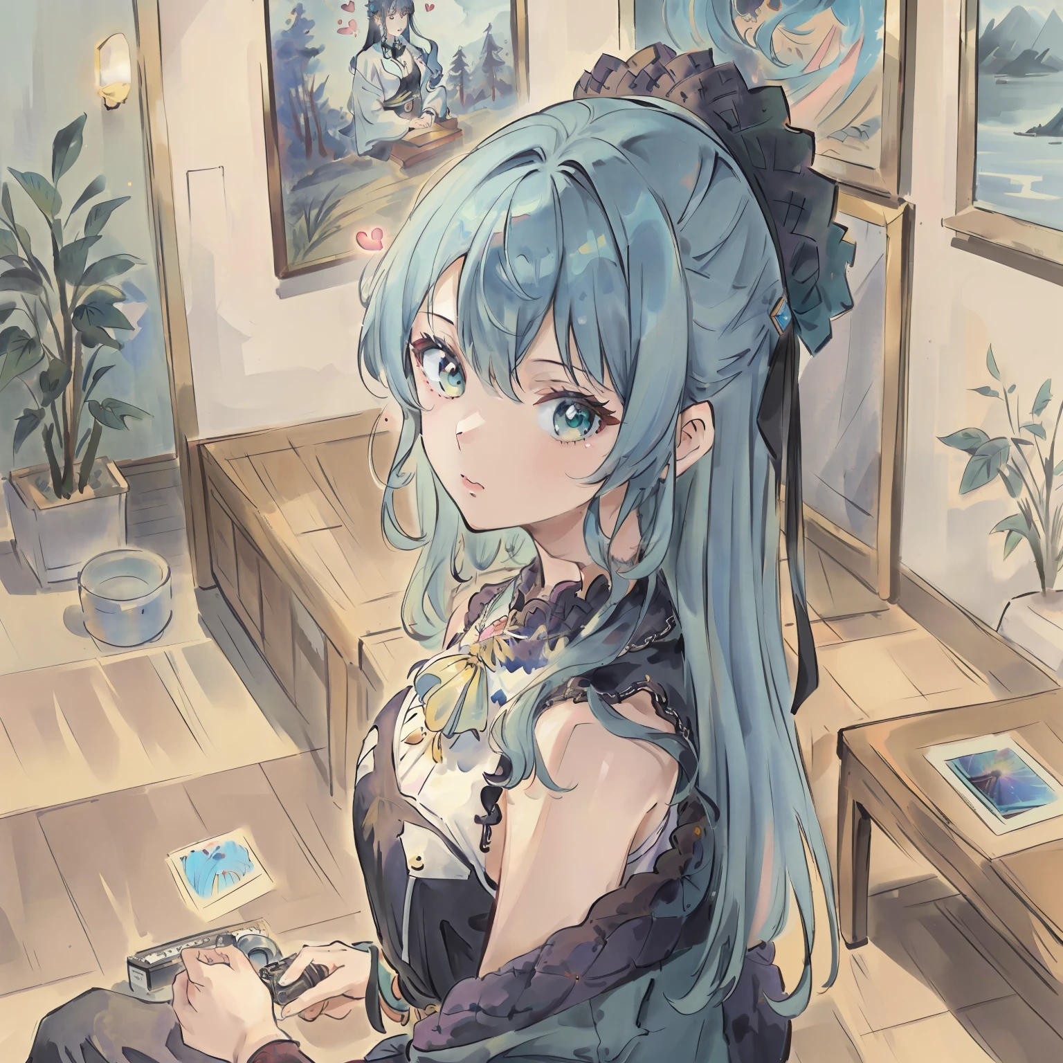 Anime girl aux cheveux bleus assise dans une pièce avec des peintures -  SeaArt AI