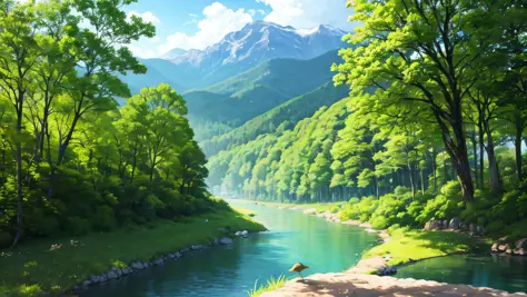 Green forests, rivers, mountains, sky, white clouds, birds --auto
