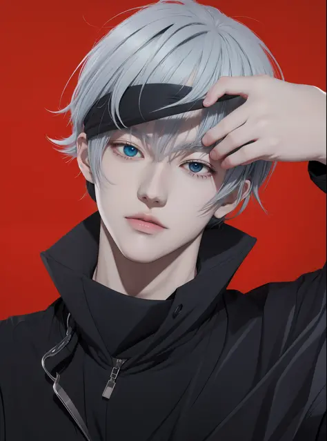 Anime man with white hair and blue eyes, tall anime guy with blue eyes,, 2 d anime style, spear, he has dark grey hairs, zerochan art, white haired, zerochan, Male live-action anime style, male anime character，Anime realistic style