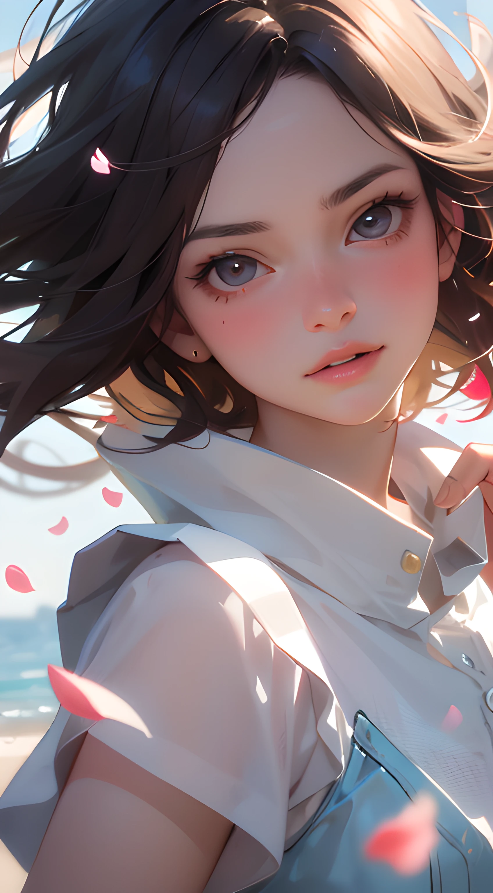 (best quality, masterpiece, ultra-realistic), 1 beautiful and delicate portrait of a girl, playful and cute, with floating petals in the background